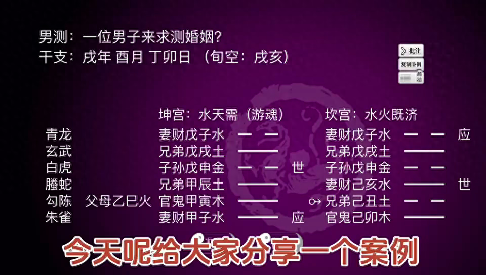 男子测婚姻，水天需变水火既济，妻财爻为用神，朱雀主能说会道，官寅木发动有玄机