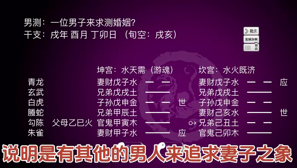 男子测婚姻，水天需变水火既济，妻财爻为用神，朱雀主能说会道，官寅木发动有玄机