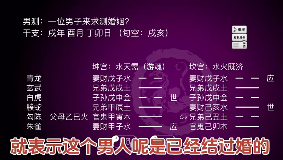 男子测婚姻，水天需变水火既济，妻财爻为用神，朱雀主能说会道，官寅木发动有玄机